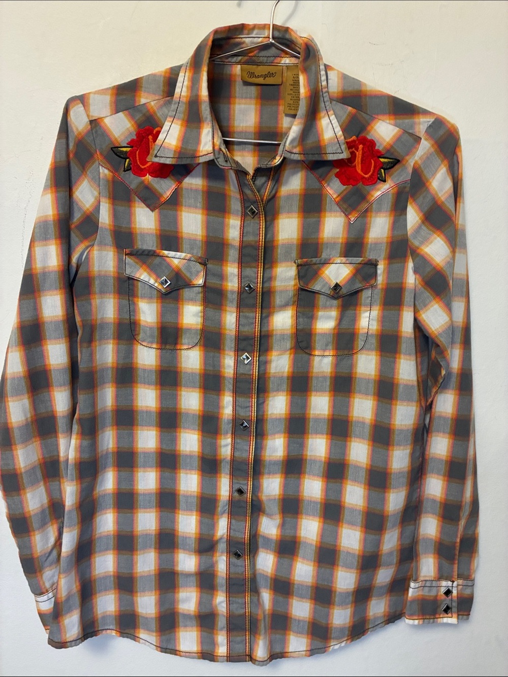Vintage Wrangler Plaid Western Shirt with Red Floral Appliqué